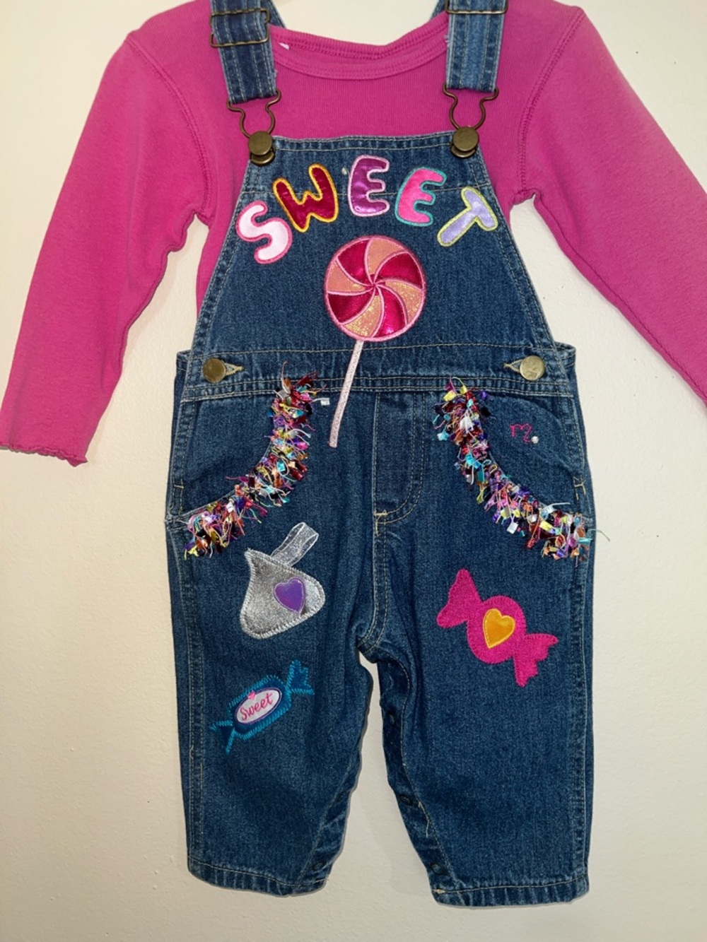 Vintage Custom Decorated Overalls with Pink Candy Accents Old Store Stock